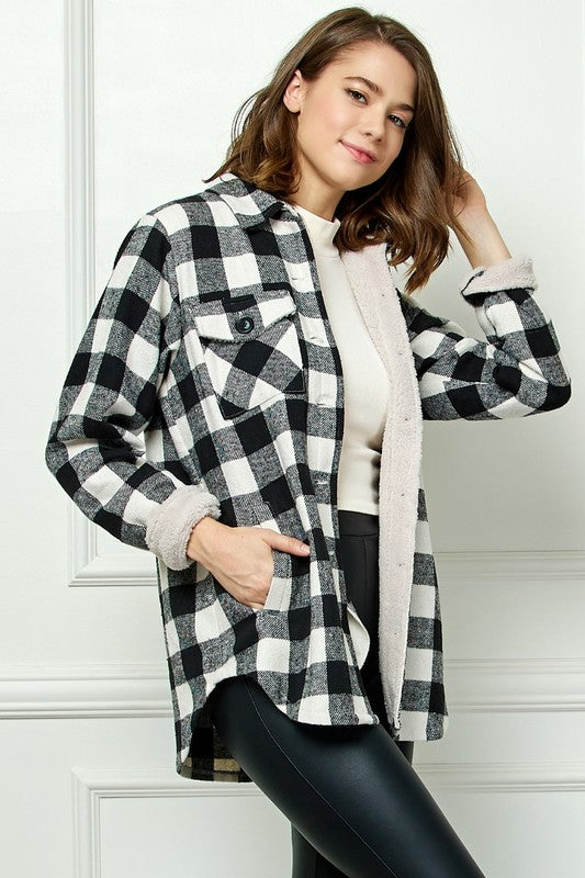 Buffalo Plaid Black and White flannel jacket with sherpa lining