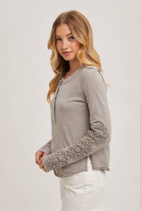 CROCHET PATCH SLEEVED HALF BUTTON ROUND NECK TOP: MUSHROOM
