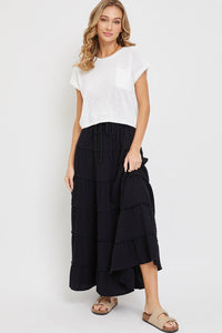 COTTON GAUZE TIERED MAXI SKIRT WITH ELASTIC WAIST: Black