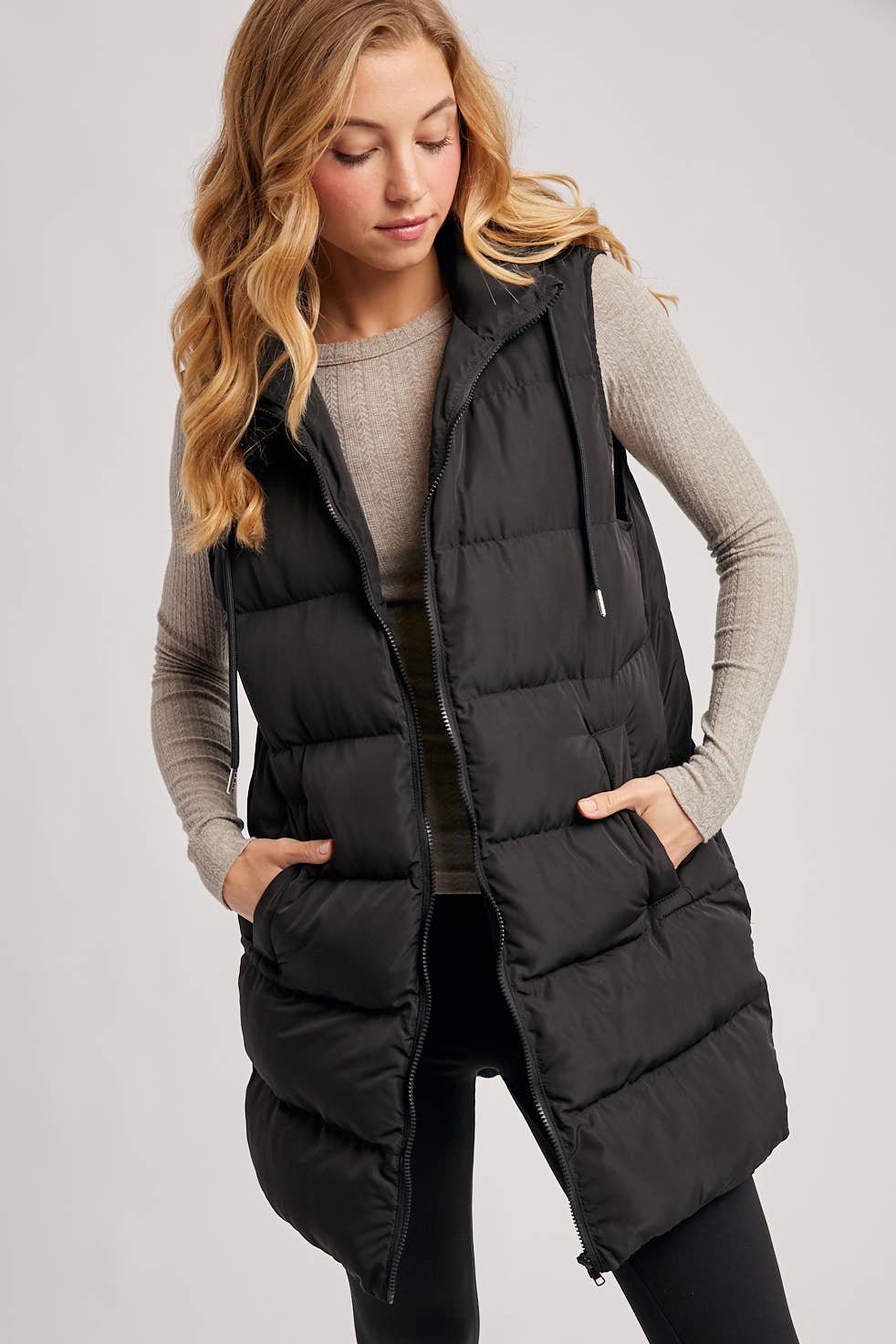 HOODED ZIPPER DOWN LONGLINE PUFFER VEST: Black