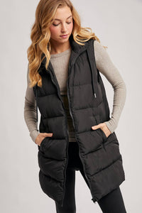 HOODED ZIPPER DOWN LONGLINE PUFFER VEST: Black