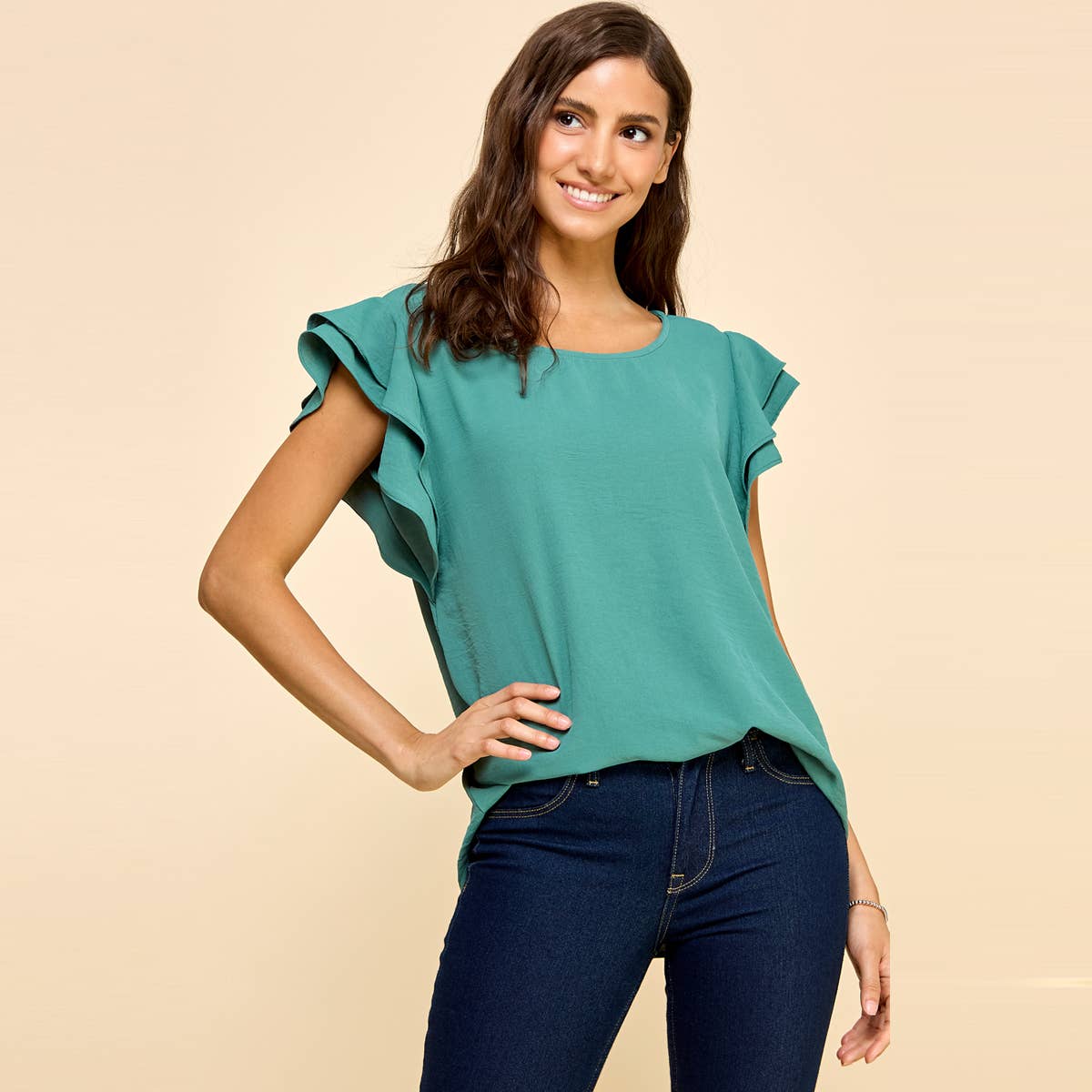 Top with Ruffled sleeves: Seafoam