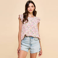 Floral Printed Blouse Top with Short Ruffled Sleeves: Apricot * on sale