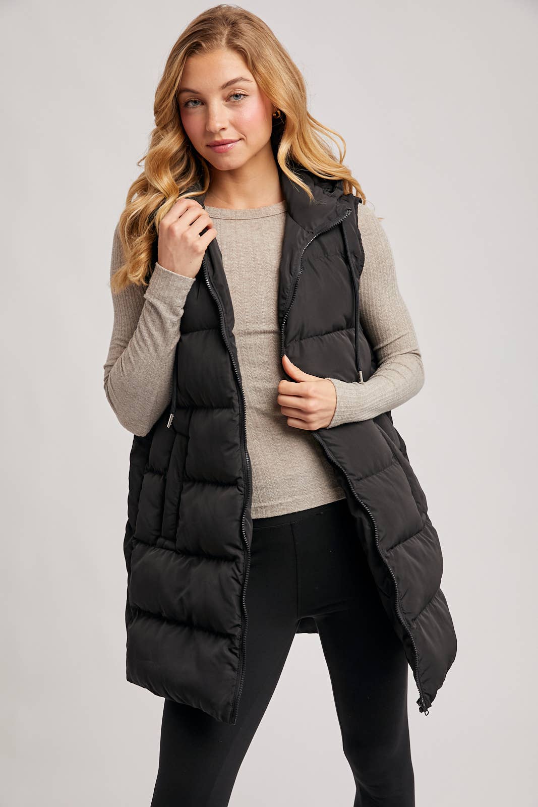 HOODED ZIPPER DOWN LONGLINE PUFFER VEST: Black