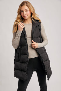 HOODED ZIPPER DOWN LONGLINE PUFFER VEST: Black