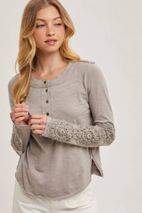 CROCHET PATCH SLEEVED HALF BUTTON ROUND NECK TOP: MUSHROOM