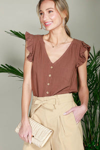 Linen button up v-neck sleeveless blouse in rosewood * on sale