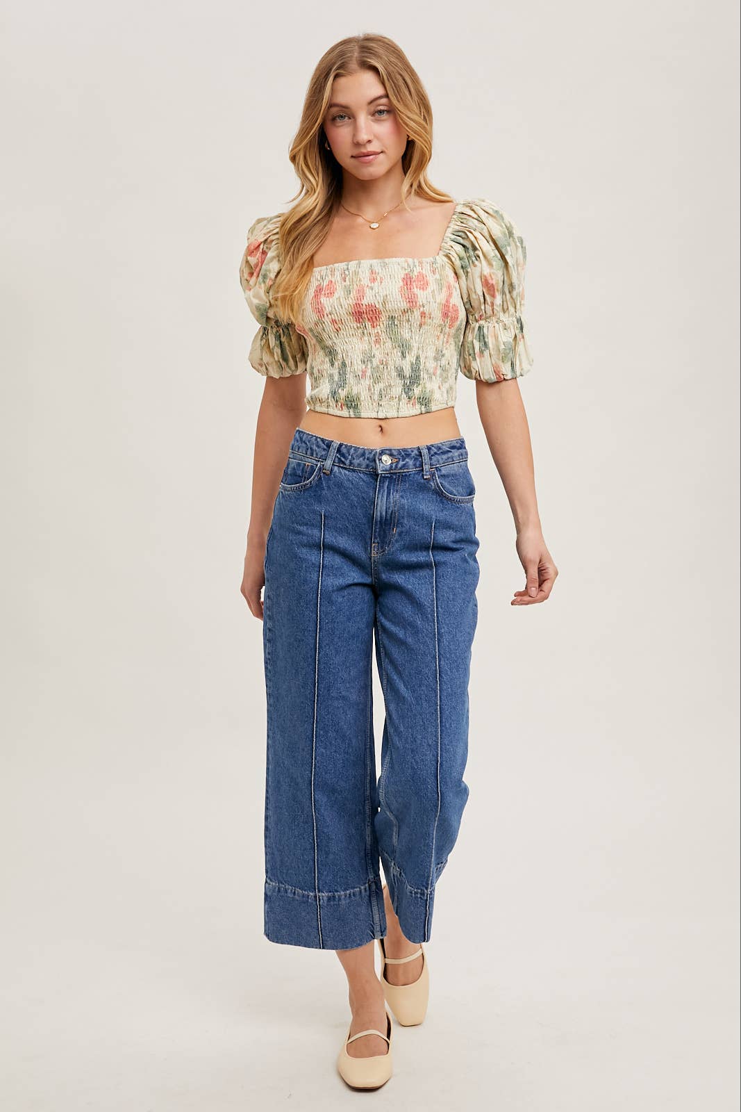 FLORAL PRINT SMOCKED PUFF SLEEVE CROSET TOP BLOUSE : VANILLA * on sale
