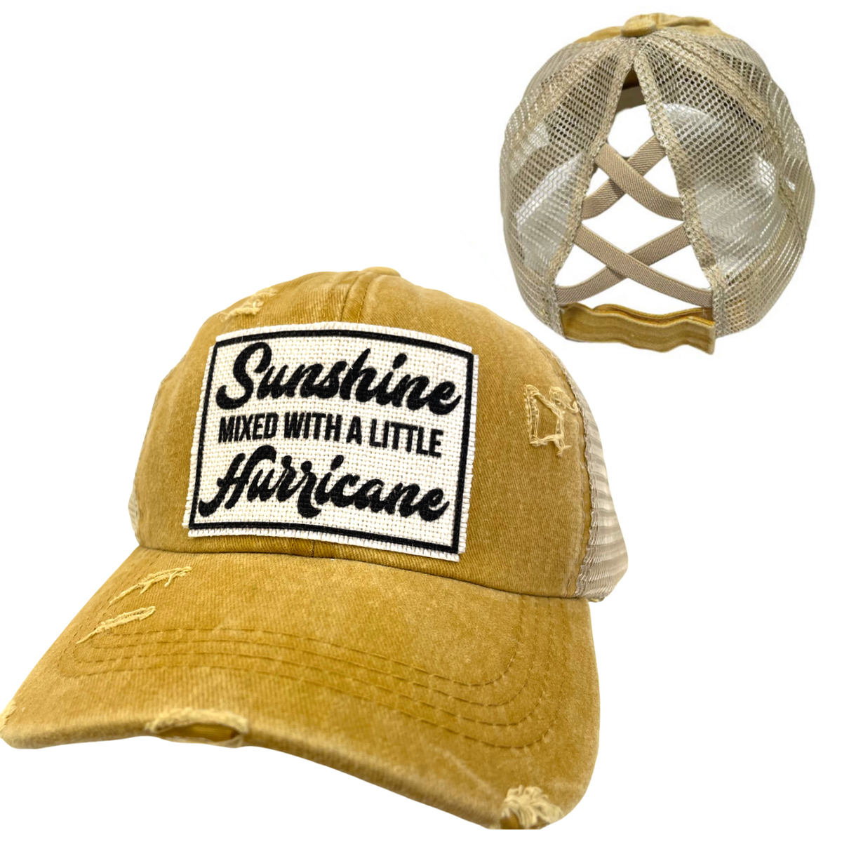 SUNSHINE WITH A LITTLE HURRICANE CRISS-CROSS PONYTAIL HAT: Mustard with coffee colored mesh *