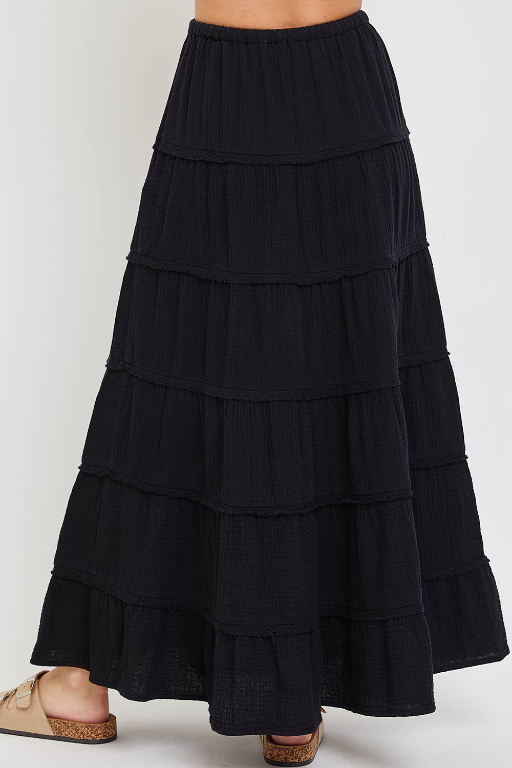 COTTON GAUZE TIERED MAXI SKIRT WITH ELASTIC WAIST: Black