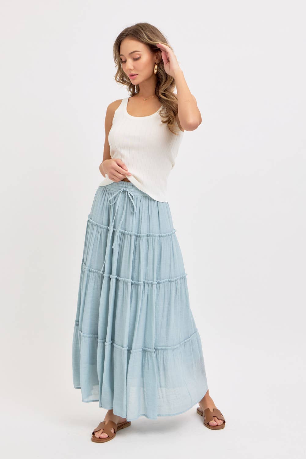 BESTSELLER TIERED MAXI SKIRT: MISTY BLUE