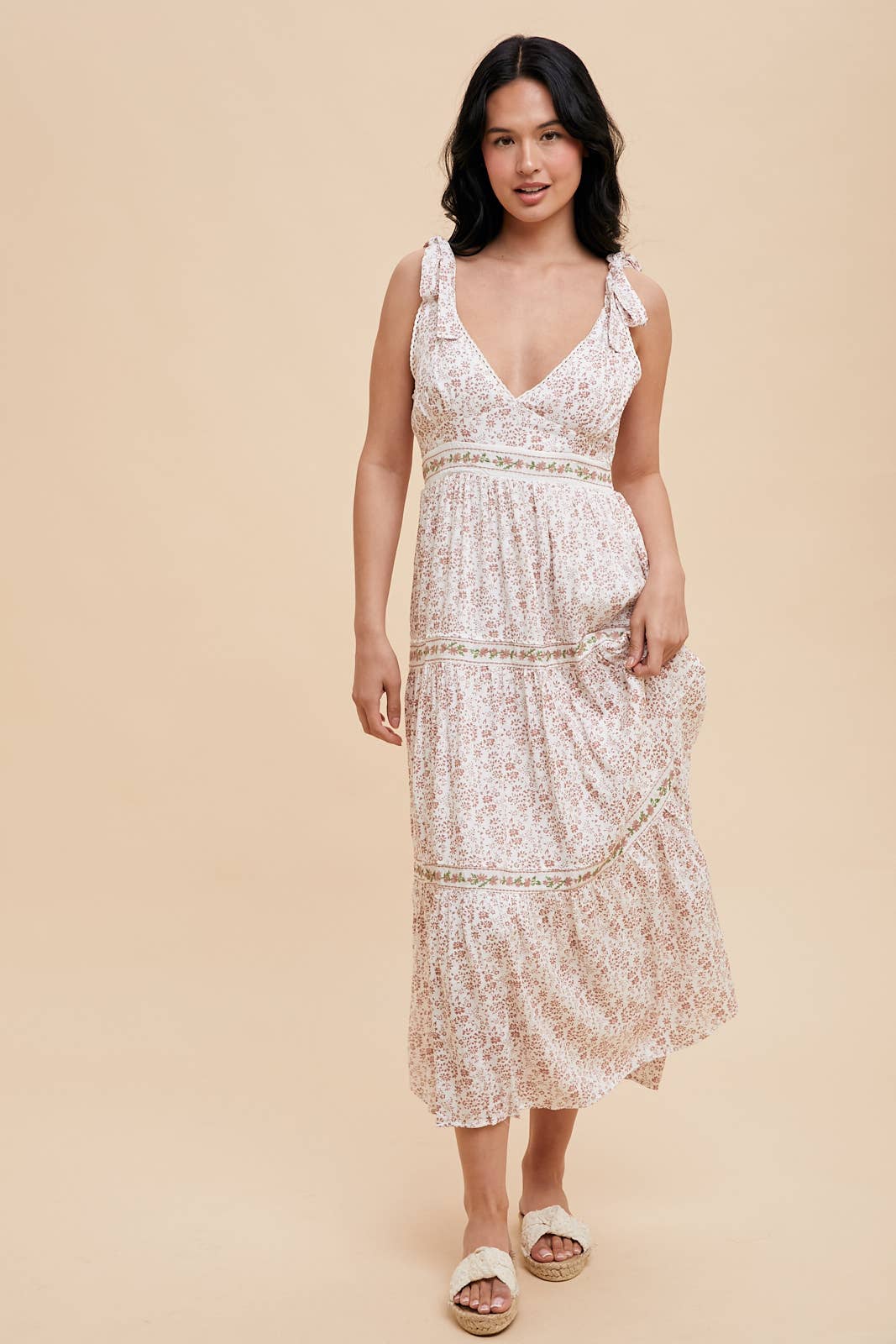 TIERED TIE STRAP MIDI DRESS: MAUVE