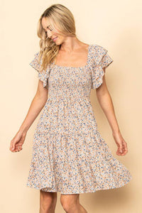 Tiny Floral Flutter Sleeves Smocking Dress: Cream * on sale