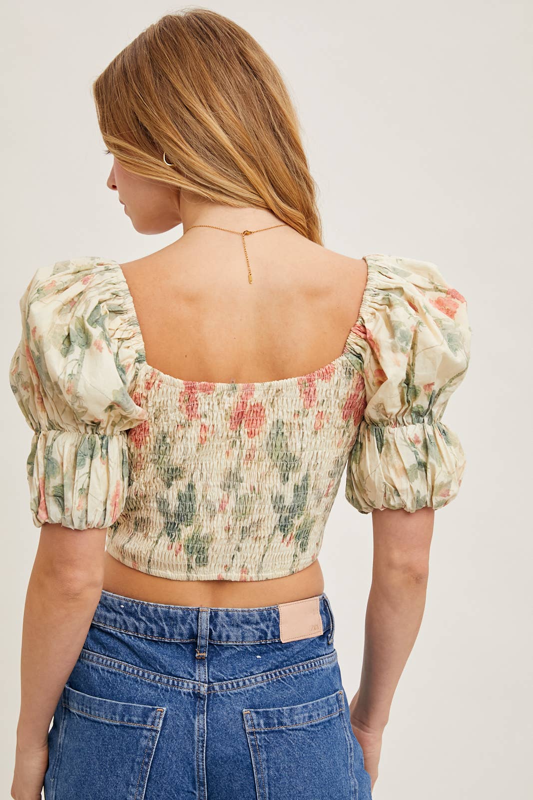 FLORAL PRINT SMOCKED PUFF SLEEVE CROSET TOP BLOUSE : VANILLA * on sale