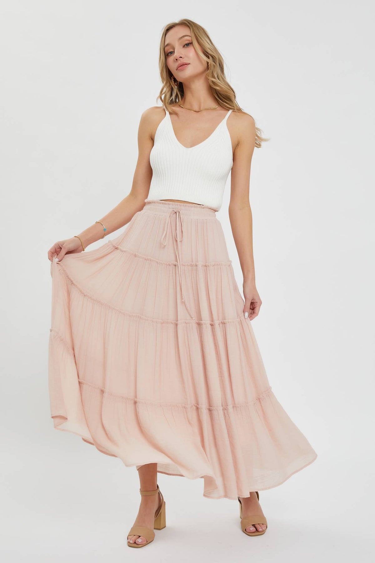 TIERED MAXI SKIRT: NUDE BLUSH