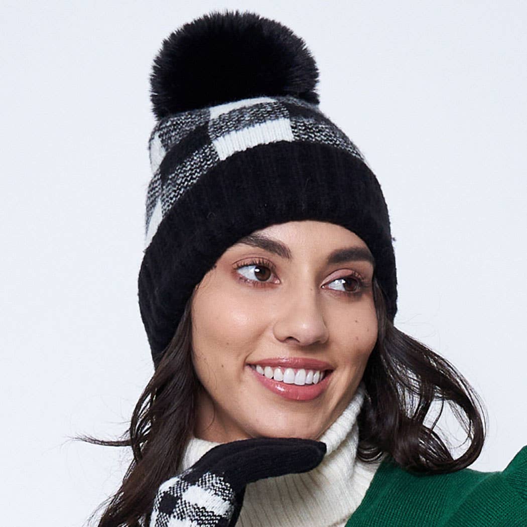 Buffalo Plaid Cuff Beanie with Pom