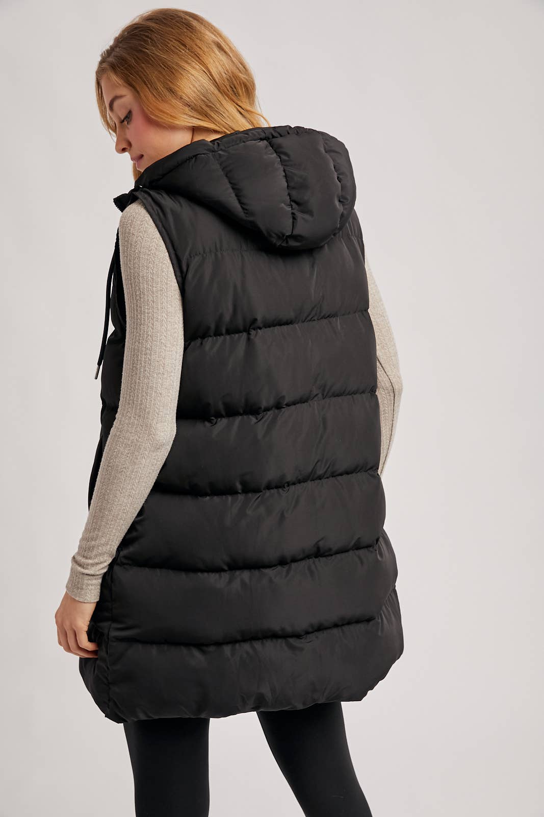HOODED ZIPPER DOWN LONGLINE PUFFER VEST: Black