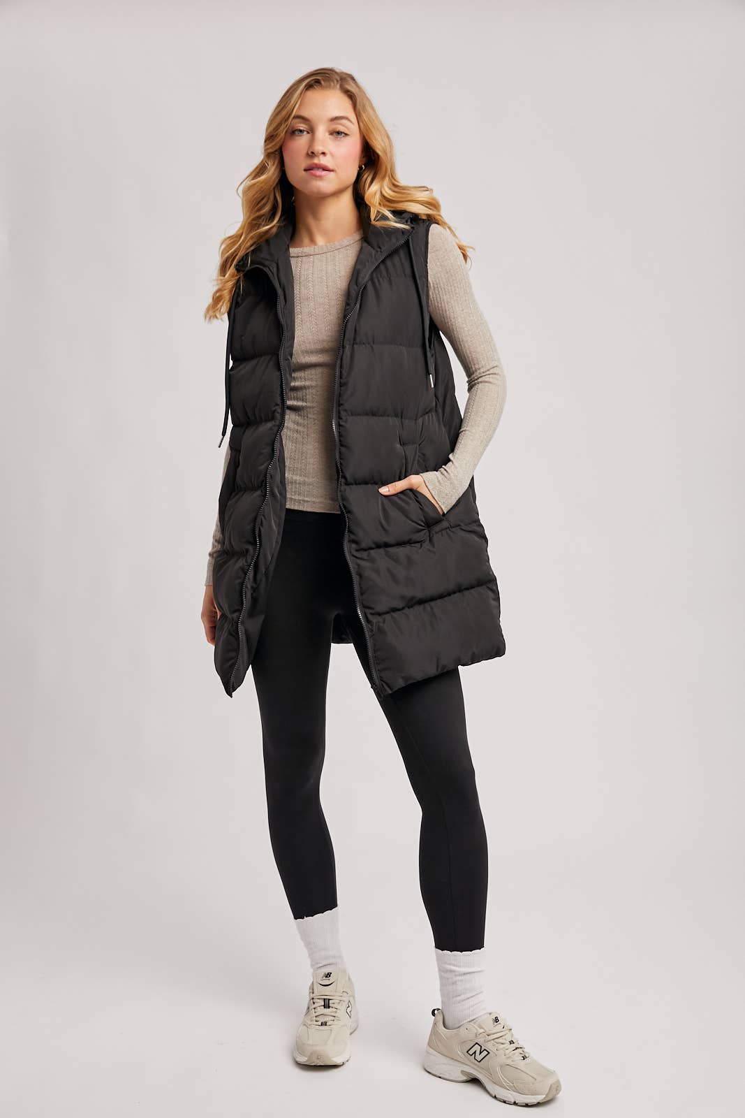 HOODED ZIPPER DOWN LONGLINE PUFFER VEST: Black