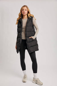 HOODED ZIPPER DOWN LONGLINE PUFFER VEST: Black