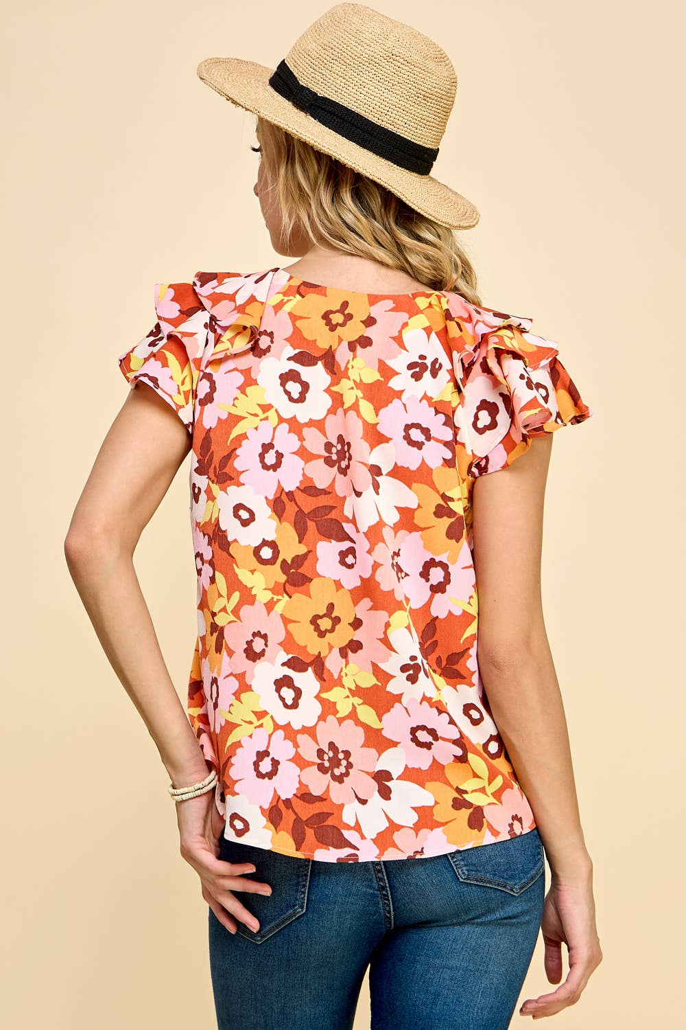 Floral Top V Neck Detail with Triple Layered Sleeves: Rust * on sale