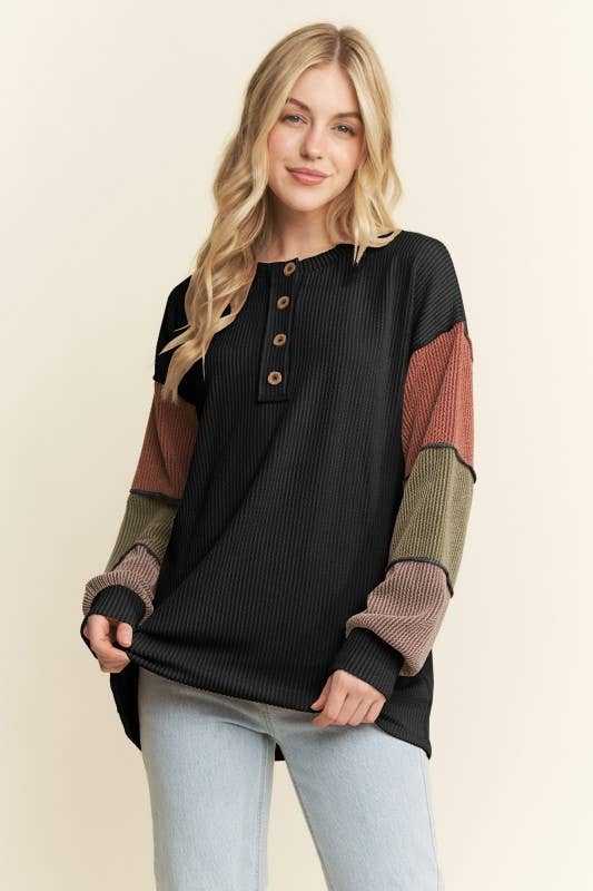URBAN RIBBED SOLID COLOR BLOCK TOP: Black