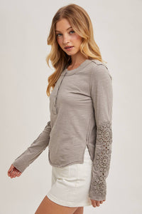 CROCHET PATCH SLEEVED HALF BUTTON ROUND NECK TOP: MUSHROOM