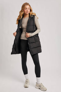 HOODED ZIPPER DOWN LONGLINE PUFFER VEST: Black