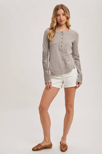 CROCHET PATCH SLEEVED HALF BUTTON ROUND NECK TOP: MUSHROOM