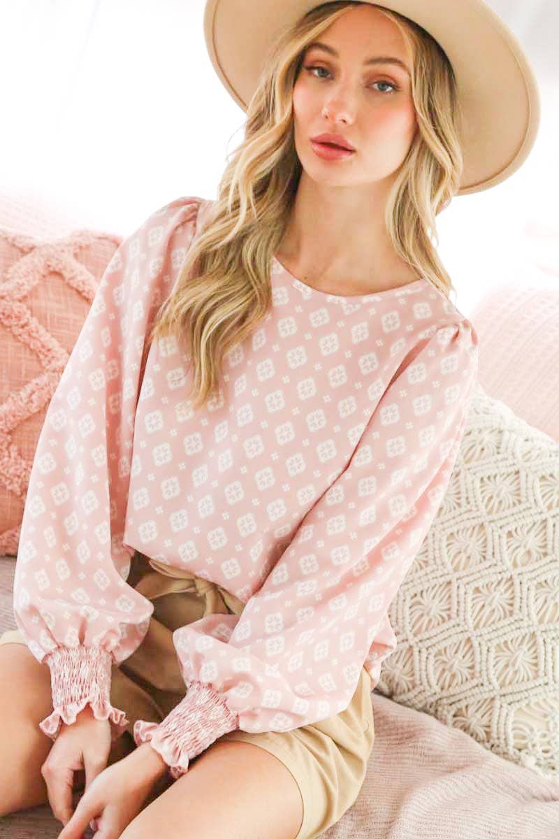 Round neckline puff sleeve woven top blouse : Pink * on sale