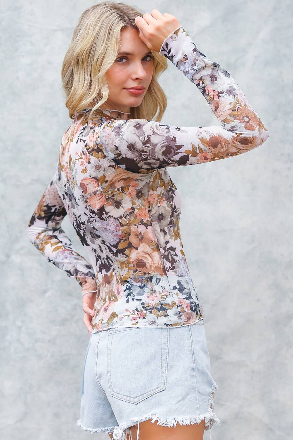 SEMI SHEER FLORAL PRINT MESH TOP: STONE