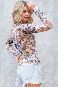 SEMI SHEER FLORAL PRINT MESH TOP: STONE