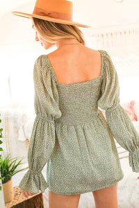 V- neckline elastic smocking detail long sleeve blouse: Sage * on sale