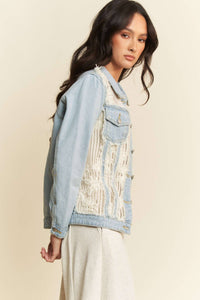 FRAYED LACE PANEL DENIM JACKET: Light Denim