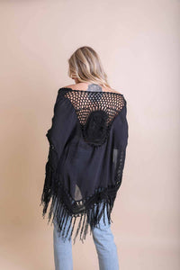 Festival-Ready Crochet Back Tasseled Kimono Jacket 🖤: Black