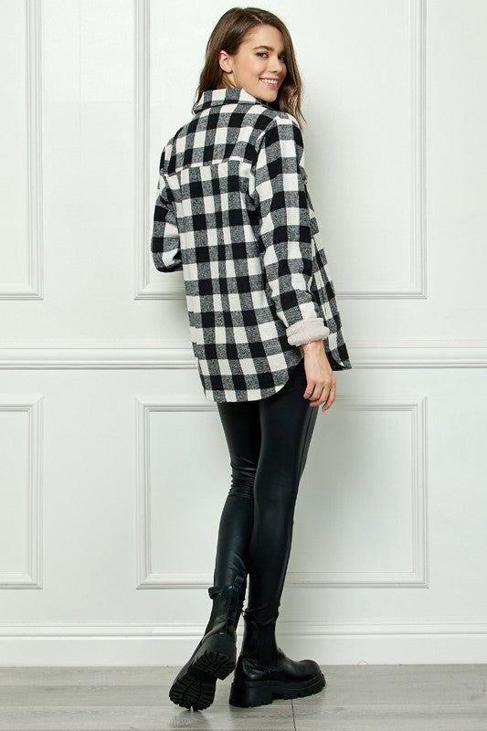 Buffalo Plaid Black and White flannel jacket with sherpa lining