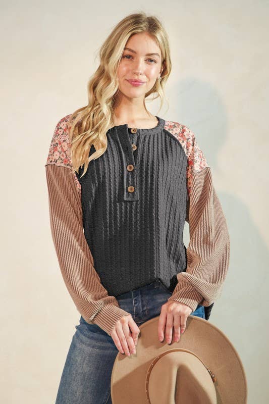 LONG SLEEVE SOLID AND FLORAL CONTRAST TOP: CHARCOAL