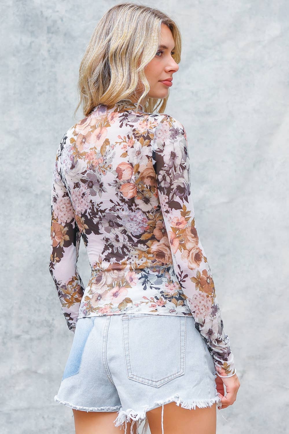 SEMI SHEER FLORAL PRINT MESH TOP: STONE
