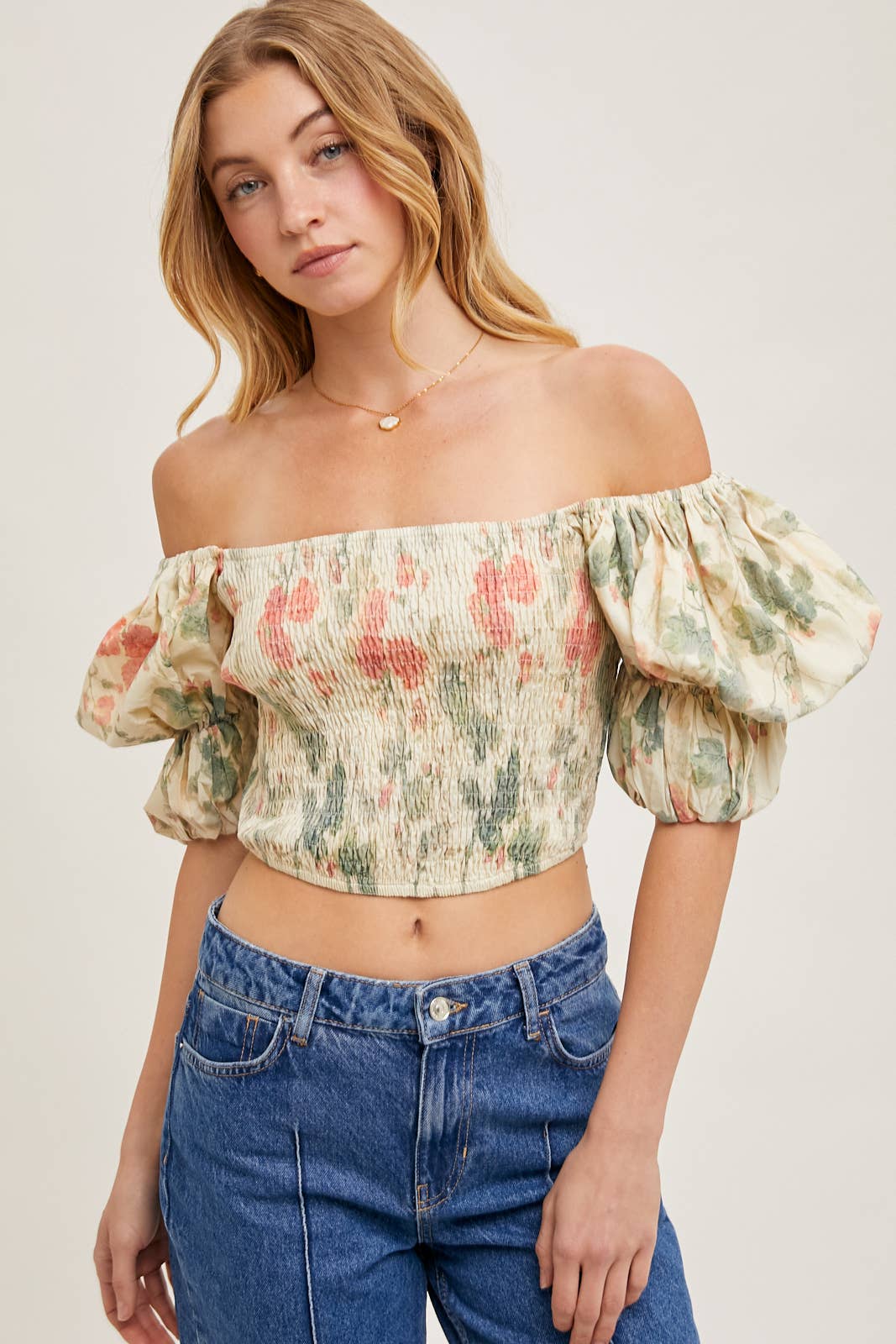 FLORAL PRINT SMOCKED PUFF SLEEVE CROSET TOP BLOUSE : VANILLA * on sale