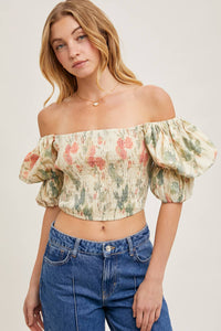 FLORAL PRINT SMOCKED PUFF SLEEVE CROSET TOP BLOUSE : VANILLA * on sale