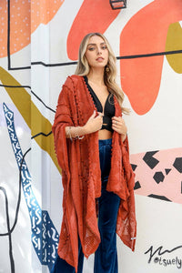 Boho Embroidered Gauze Linen Kimono in Rust * on sale