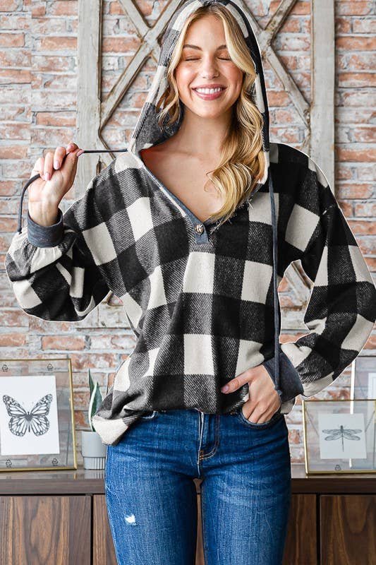 DRAWSTRING HOOD PLAID AND SOLID HOODIE TOP: BLACK