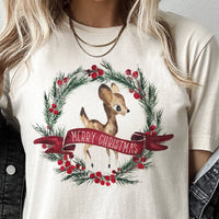 Christmas Deer Wreath Retro Rudolph Vintage Graphic Tee: Cream