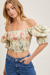FLORAL PRINT SMOCKED PUFF SLEEVE CROSET TOP BLOUSE : VANILLA * on sale