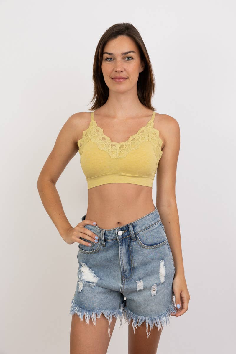COMFY! Ultra Soft Lace Trim Ribbed Padded Seamless Bralette: Marigold