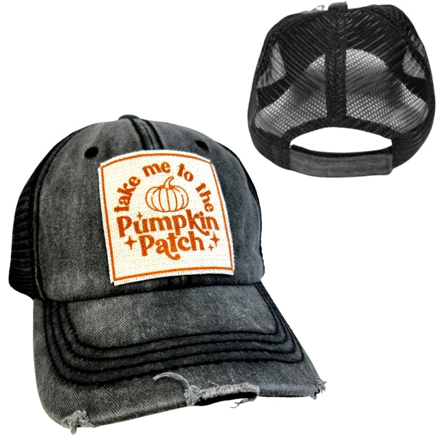 Take me to the Pumpkin Patch Distressed Black High Pony Tail baseball cap