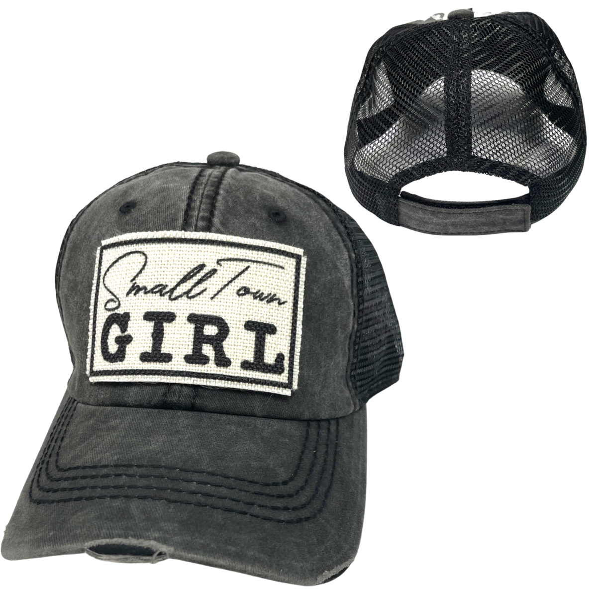 SMALL TOWN GIRL BALL CAP | WOMAN'S HAT | DISTRESSED: Black with Black Mesh