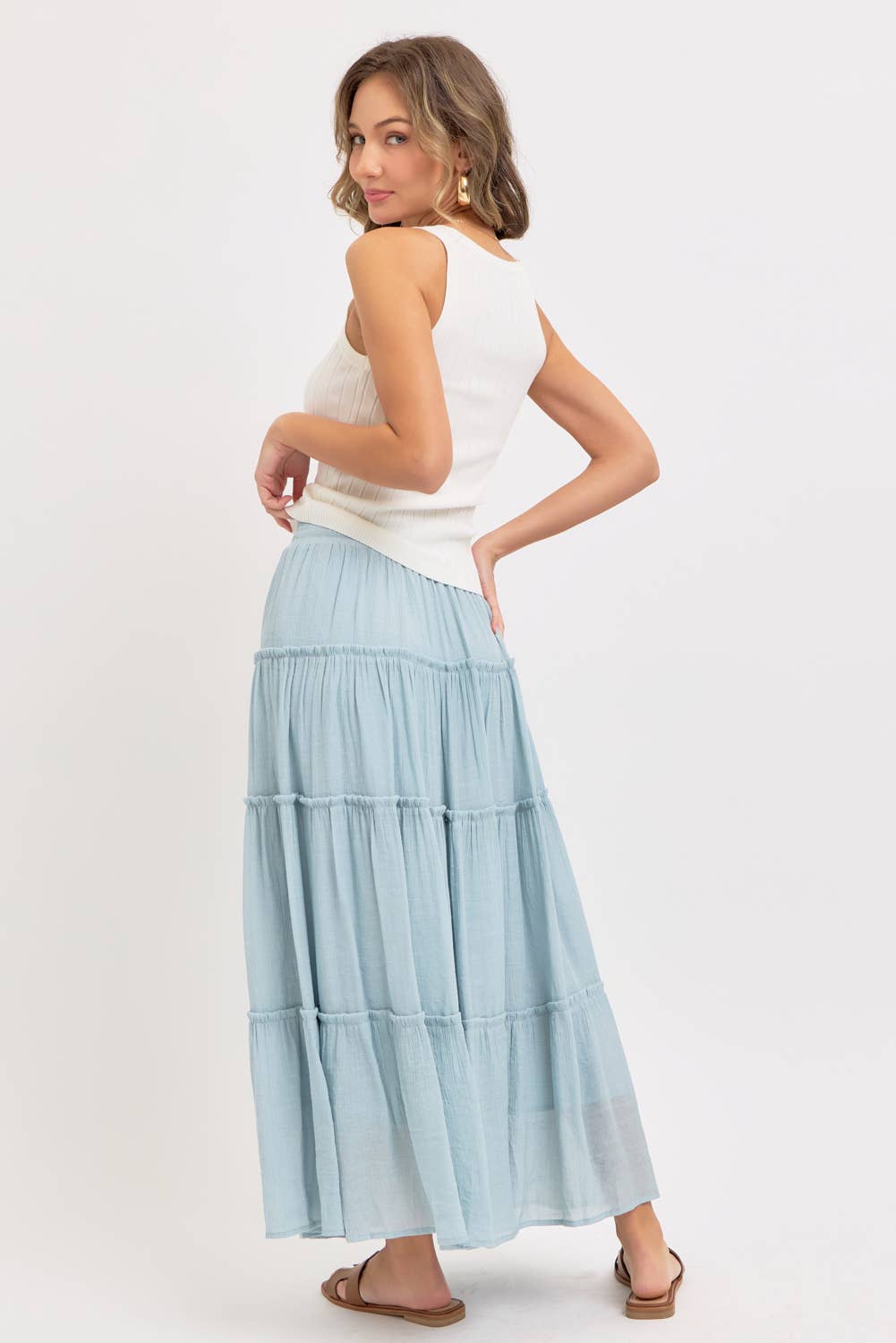 BESTSELLER TIERED MAXI SKIRT: MISTY BLUE