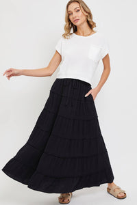 COTTON GAUZE TIERED MAXI SKIRT WITH ELASTIC WAIST: Black