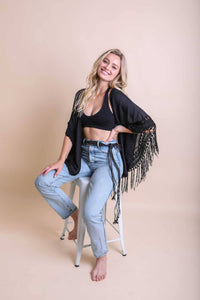 Festival-Ready Crochet Back Tasseled Kimono Jacket 🖤: Black