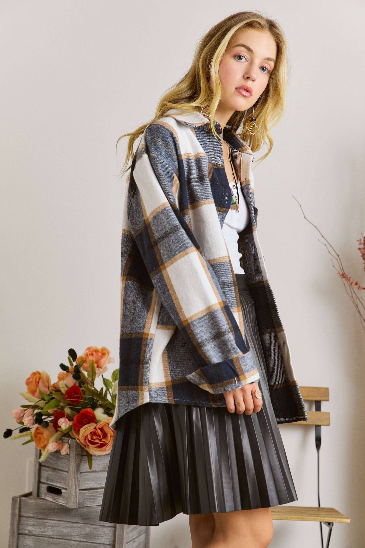 LONG SLEEVES BOYFRIEND FLANNEL JACKET : Navy